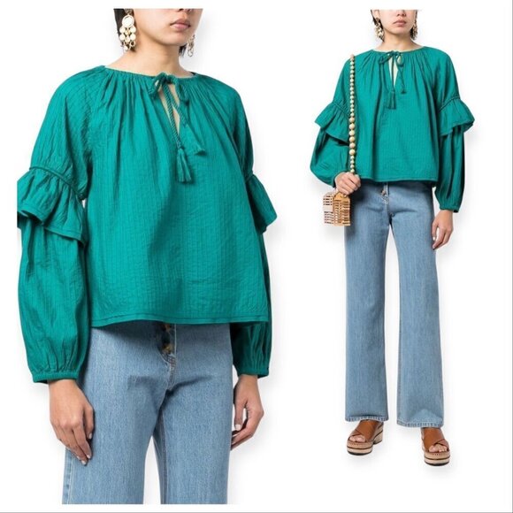 Ulla Johnson Concetta Cotton Blouse, Size 2, Color Verdigris, puff sleeves, NWT - Picture 1 of 16